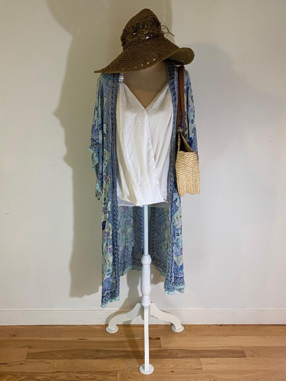 Angie Floral Kimono Cover Up Duster Open Front Blue Purple Bohemian Small